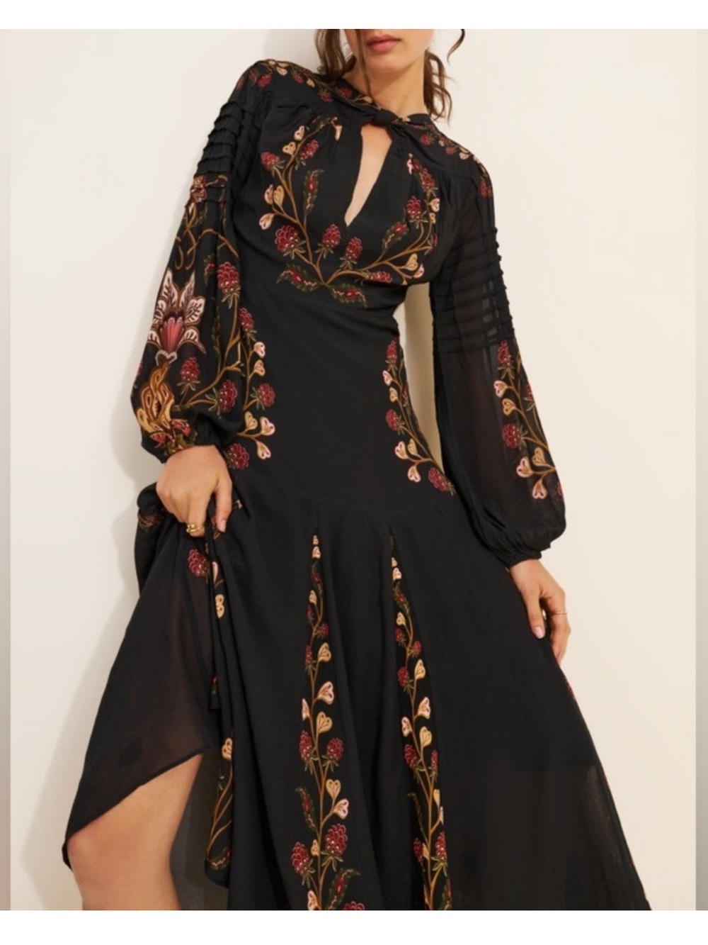 Farm Rio Black Berry Garden Long Sleeve Pleated Midi Dress Size S